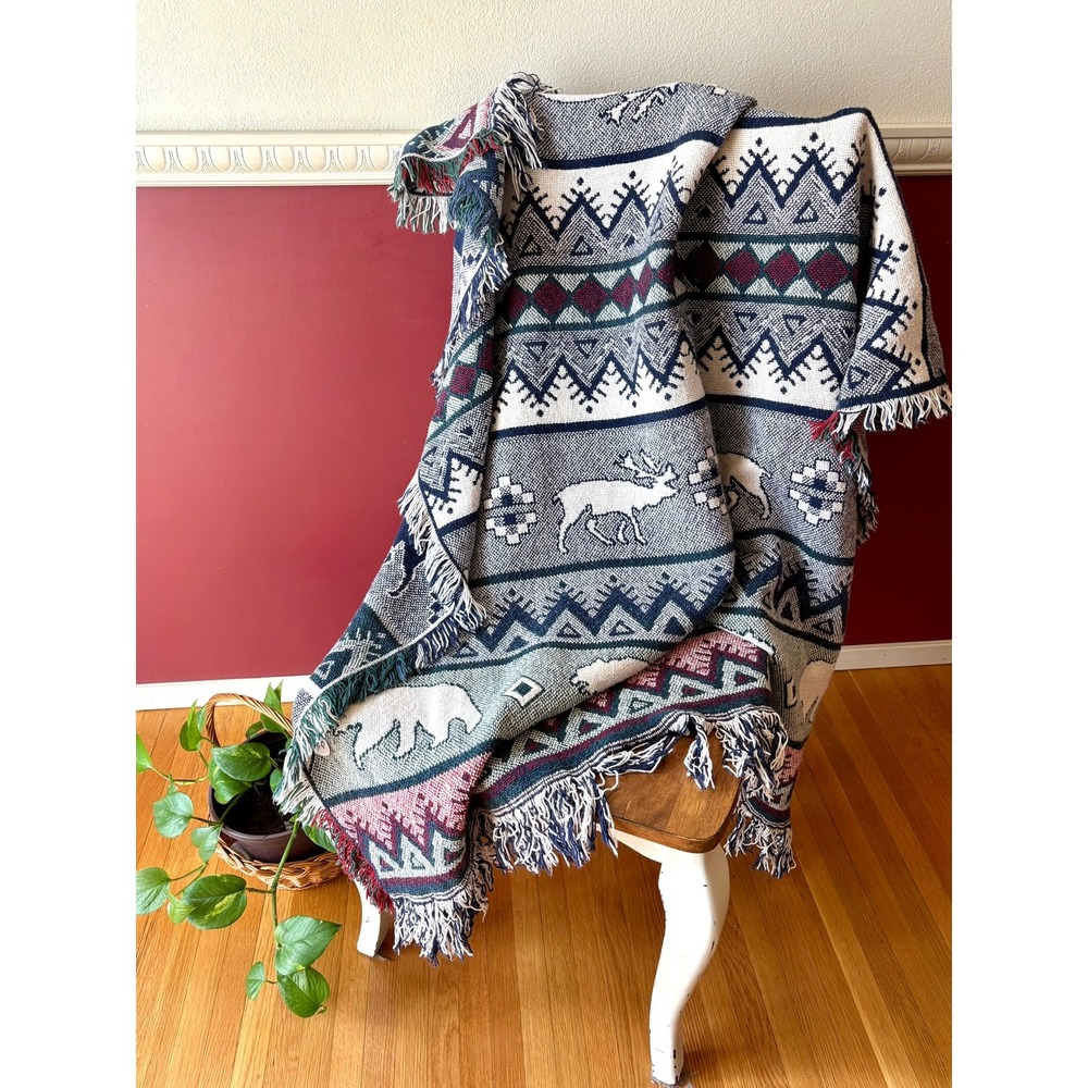 Vintage 1994 Simply Country Woven Cotton Throw Blanket Bear Reindeer Lodge 46x60